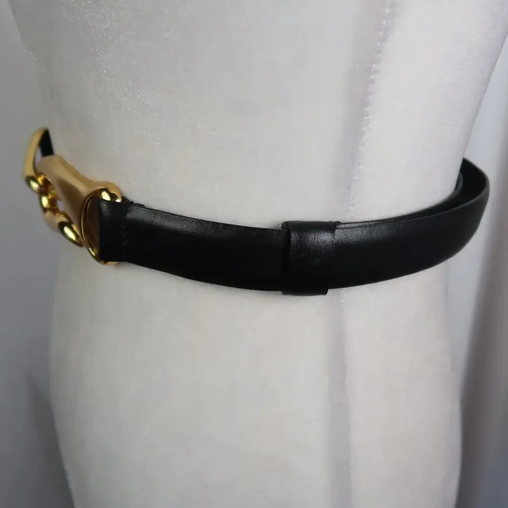 Vintage Chico's Black Leather Adjustable Belt Gold Interlocking Hook M